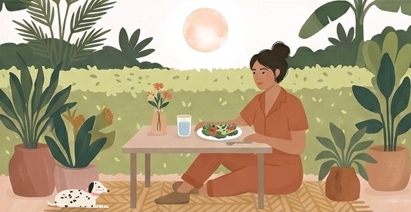 The owner eating lunch at a small table outside