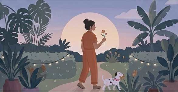 The owner walking through her garden at dusk holding a flower