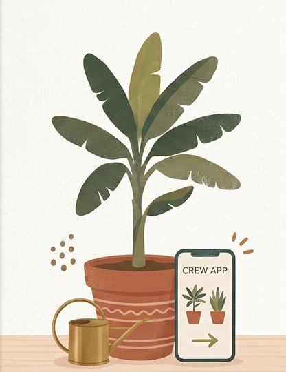A young banana plant beside a watering can and a phone showing a crew app