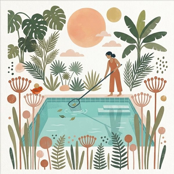 A pool technician skimming leaves from a clear pool in a tropical garden